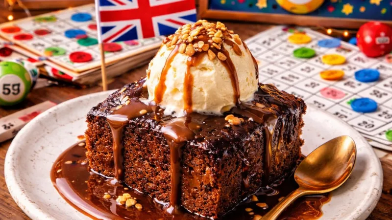 Sticky Toffee Pudding mit Vanilleeis, Karamellsauce und Nüssen – im Hintergrund Bingo-Karten und Union Jack